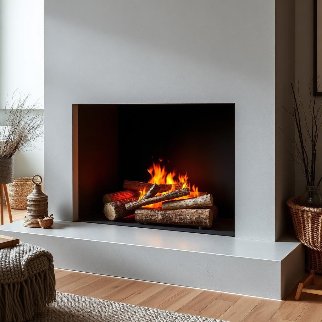 Feu de bûches dans une cheminée contemporaine